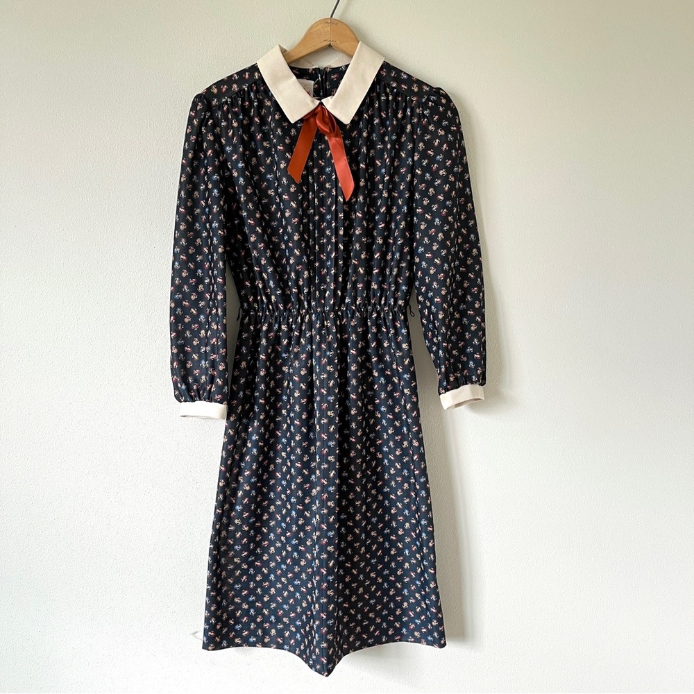 Vintage Joan Curtis Black Paisley Print Fit & Flare Dress with Bow Tie Collar